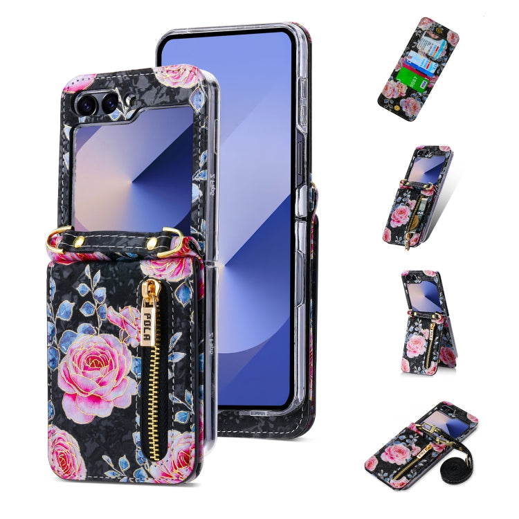For Samsung Galaxy Z Flip6 / Flip7 FE POLA Rose Pattern Multi-Card Slots Zipper Wallet Phone Case(Black) - Galaxy Z Flip6 5G Cases by POLA | Online Shopping UK | buy2fix
