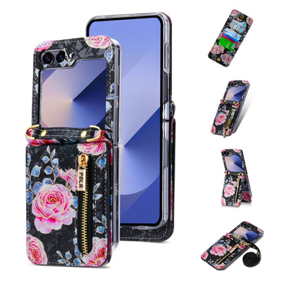 For Samsung Galaxy Z Flip6 / Flip7 FE POLA Rose Pattern Multi-Card Slots Zipper Wallet Phone Case(Black) - Galaxy Z Flip6 5G Cases by POLA | Online Shopping UK | buy2fix