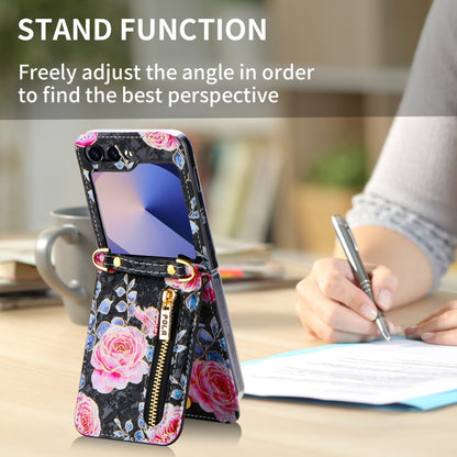 For Samsung Galaxy Z Flip6 / Flip7 FE POLA Rose Pattern Multi-Card Slots Zipper Wallet Phone Case(Black) - Galaxy Z Flip6 5G Cases by POLA | Online Shopping UK | buy2fix