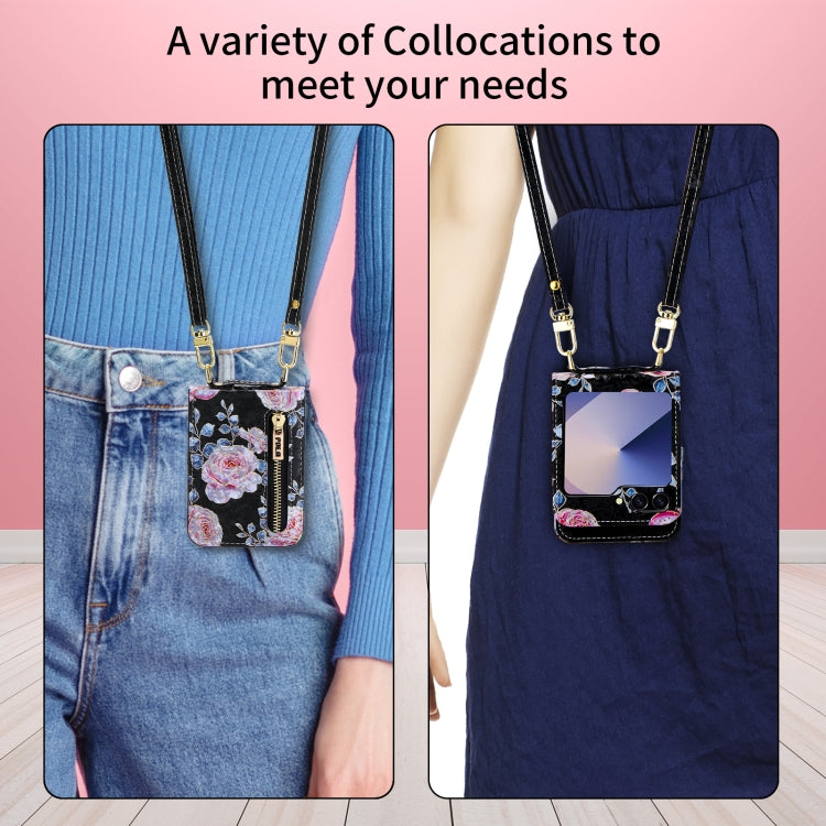 For Samsung Galaxy Z Flip6 / Flip7 FE POLA Rose Pattern Multi-Card Slots Zipper Wallet Phone Case(Black) - Galaxy Z Flip6 5G Cases by POLA | Online Shopping UK | buy2fix