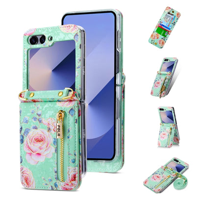 For Samsung Galaxy Z Flip6 / Flip7 FE POLA Rose Pattern Multi-Card Slots Zipper Wallet Phone Case(Cyan) - Galaxy Z Flip6 5G Cases by POLA | Online Shopping UK | buy2fix