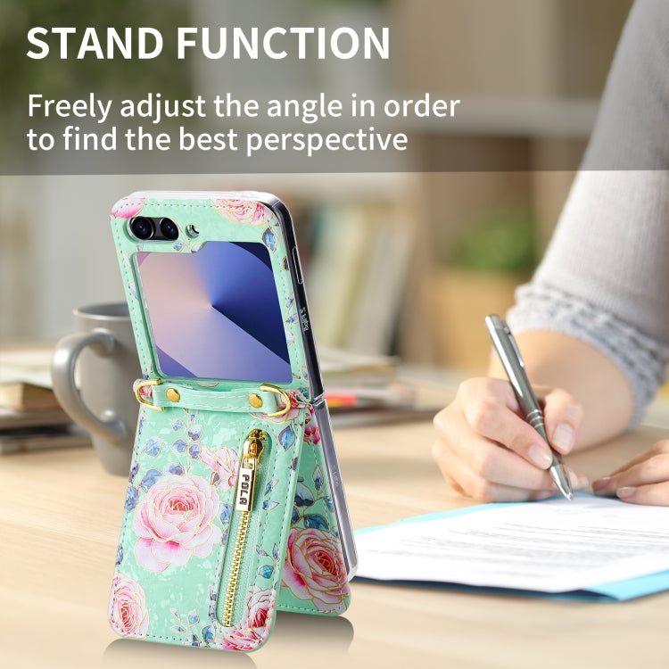 For Samsung Galaxy Z Flip6 / Flip7 FE POLA Rose Pattern Multi-Card Slots Zipper Wallet Phone Case(Cyan) - Galaxy Z Flip6 5G Cases by POLA | Online Shopping UK | buy2fix