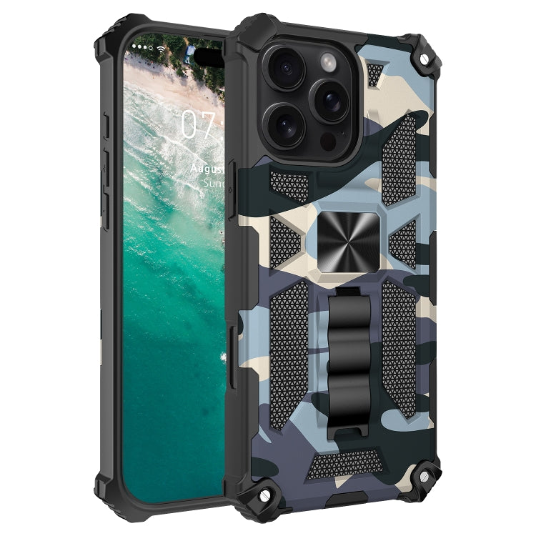For iPhone 16 Pro Max Camouflage Armor Kickstand TPU + PC Magnetic Phone Case(Navy Blue) by buy2fix