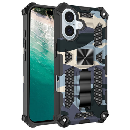 For iPhone 16 Plus Camouflage Armor Kickstand TPU + PC Magnetic Phone Case(Navy Blue) by buy2fix