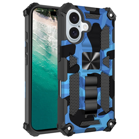 For iPhone 16 Plus Camouflage Armor Kickstand TPU Hybrid PC Magnetic Phone Case(Blue) - iPhone 16 Plus Cases by buy2fix | Online Shopping UK | buy2fix