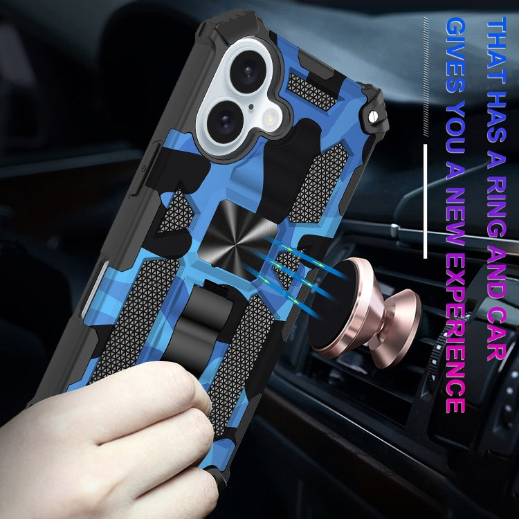 For iPhone 16 Plus Camouflage Armor Kickstand TPU + PC Magnetic Phone Case(Blue) by buy2fix
