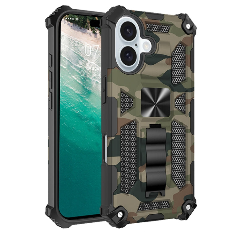 For iPhone 16 Camouflage Armor Kickstand TPU Hybrid PC Magnetic Phone Case(Army Green) - iPhone 16 Cases by buy2fix | Online Shopping UK | buy2fix