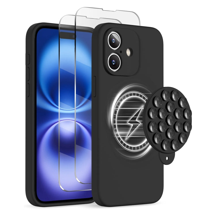 For iPhone 16 Silicone Suction Cup MagSafe Phone Case with Screen Film(Black) - iPhone 16 Cases by buy2fix | Online Shopping UK | buy2fix