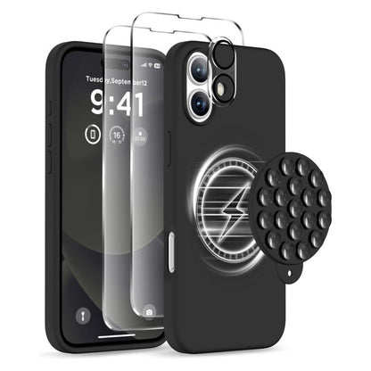 For iPhone 16 Silicone Suction Cup MagSafe Phone Case with Screen Film & Lens Film(Black) by buy2fix