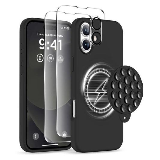 For iPhone 16 Silicone Suction Cup MagSafe Phone Case with Screen Film & Lens Film(Black) by buy2fix