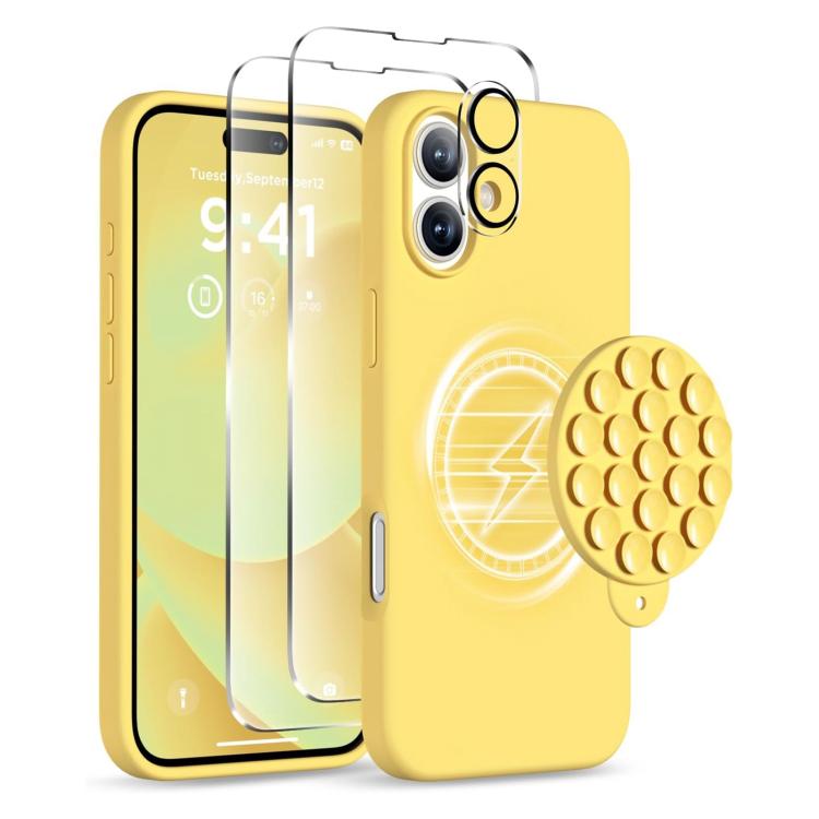 For iPhone 16 Silicone Suction Cup MagSafe Phone Case with Screen Film & Lens Film(Yellow) by buy2fix
