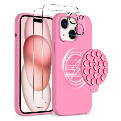 For iPhone 15 Plus Silicone Suction Cup MagSafe Phone Case with Screen Film & Lens Film(Soft Pink) - iPhone 15 Plus Cases by buy2fix | Online Shopping UK | buy2fix