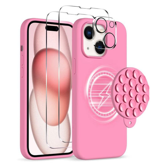 For iPhone 15 Plus Silicone Suction Cup MagSafe Phone Case with Screen Film & Lens Film(Soft Pink) - iPhone 15 Plus Cases by buy2fix | Online Shopping UK | buy2fix