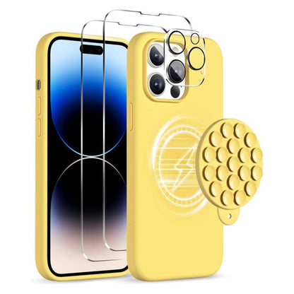 For iPhone 14 Pro Max Silicone Suction Cup MagSafe Phone Case with Screen Film & Lens Film(Yellow) - iPhone 14 Pro Max Cases by buy2fix | Online Shopping UK | buy2fix