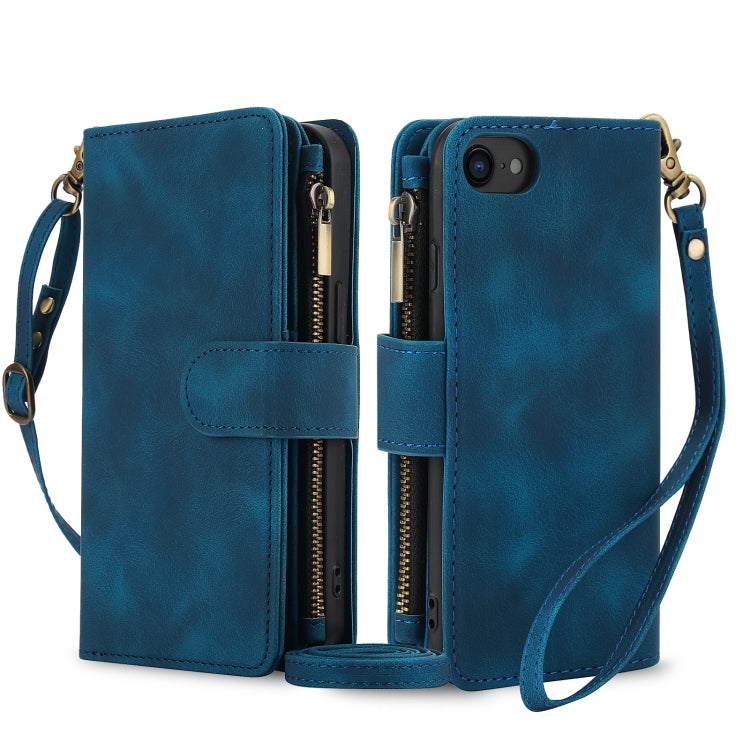 For iPhone 7 / 8 / SE 2022 Dream 9-Card Zipper Wallet RFID Leather Phone Case with Lanyard(Blue) - iPhone SE 2022 / 2020 / 8 / 7 Cases by buy2fix | Online Shopping UK | buy2fix