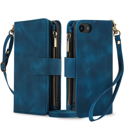 For iPhone 7 / 8 / SE 2022 Dream 9-Card Zipper Wallet RFID Leather Phone Case with Lanyard(Blue) - iPhone SE 2022 / 2020 / 8 / 7 Cases by buy2fix | Online Shopping UK | buy2fix
