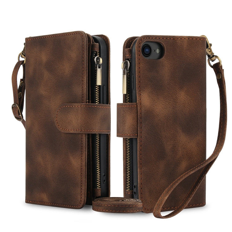 For iPhone 7 / 8 / SE 2022 Dream 9-Card Zipper Wallet RFID Leather Phone Case with Lanyard(Brown) - iPhone SE 2022 / 2020 / 8 / 7 Cases by buy2fix | Online Shopping UK | buy2fix
