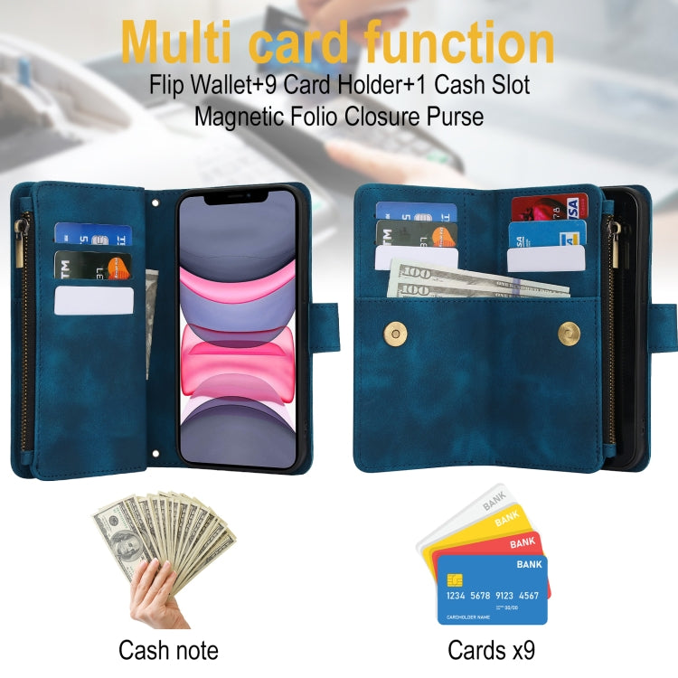 For iPhone 11 Dream 9-Card Zipper Wallet RFID Leather Phone Case with Lanyard(Blue) - iPhone 11 Cases by buy2fix | Online Shopping UK | buy2fix