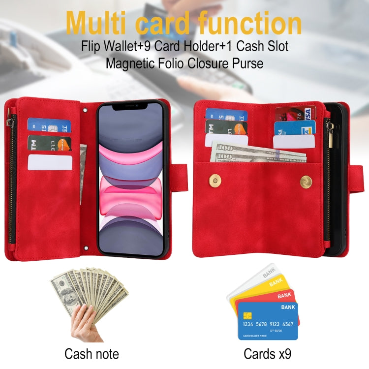 For iPhone 11 Dream 9-Card Zipper Wallet RFID Leather Phone Case with Lanyard(Red) - iPhone 11 Cases by buy2fix | Online Shopping UK | buy2fix