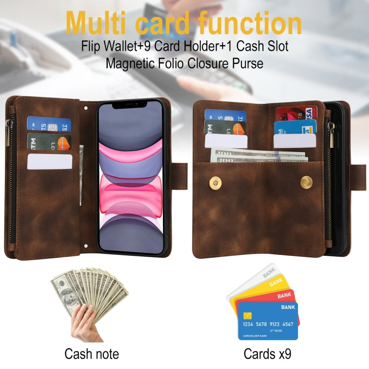 For iPhone 11 Dream 9-Card Zipper Wallet RFID Leather Phone Case with Lanyard(Brown) - iPhone 11 Cases by buy2fix | Online Shopping UK | buy2fix
