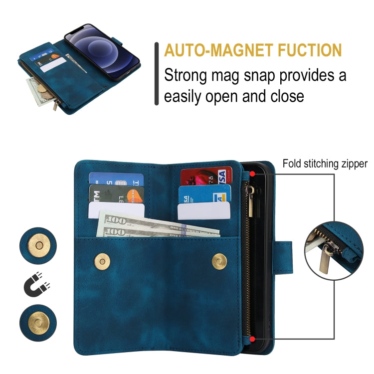 For iPhone 12 Dream 9-Card Zipper Wallet RFID Leather Phone Case with Lanyard(Blue) - iPhone 12 / 12 Pro Cases by buy2fix | Online Shopping UK | buy2fix