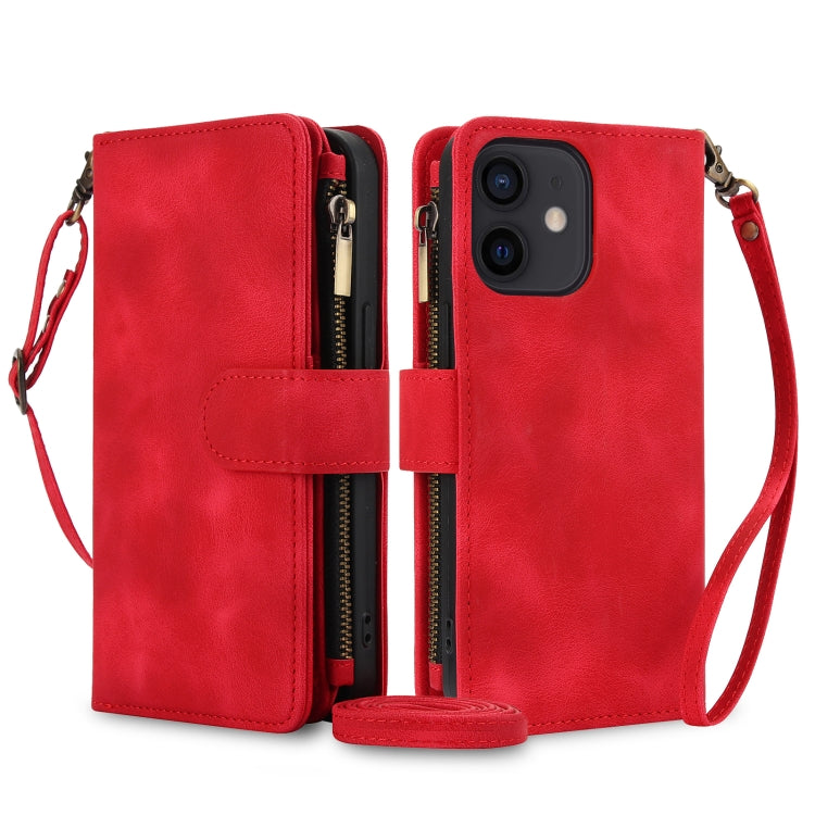 For iPhone 12 Dream 9-Card Zipper Wallet RFID Leather Phone Case with Lanyard(Red) - iPhone 12 / 12 Pro Cases by buy2fix | Online Shopping UK | buy2fix