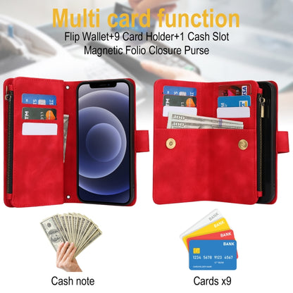 For iPhone 12 Dream 9-Card Zipper Wallet RFID Leather Phone Case with Lanyard(Red) - iPhone 12 / 12 Pro Cases by buy2fix | Online Shopping UK | buy2fix