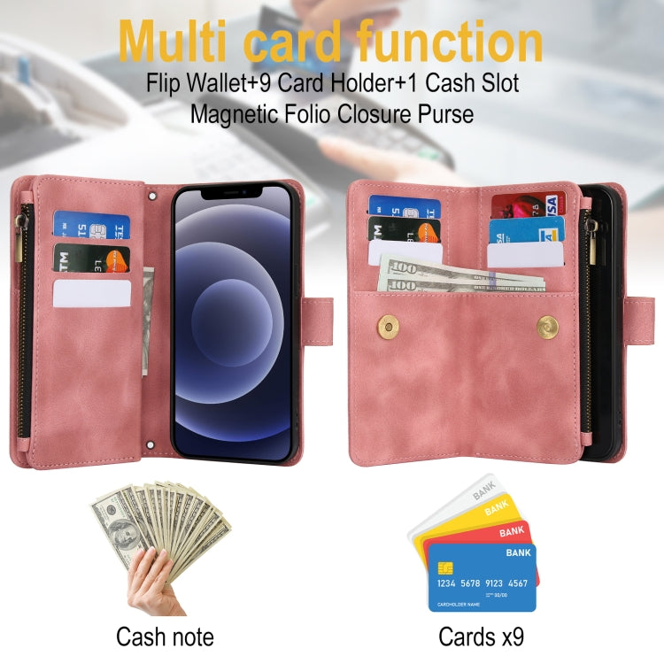 For iPhone 12 Dream 9-Card Zipper Wallet RFID Leather Phone Case with Lanyard(Rose Gold) - iPhone 12 / 12 Pro Cases by buy2fix | Online Shopping UK | buy2fix