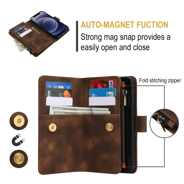 For iPhone 12 Dream 9-Card Zipper Wallet RFID Leather Phone Case with Lanyard(Brown) - iPhone 12 / 12 Pro Cases by buy2fix | Online Shopping UK | buy2fix