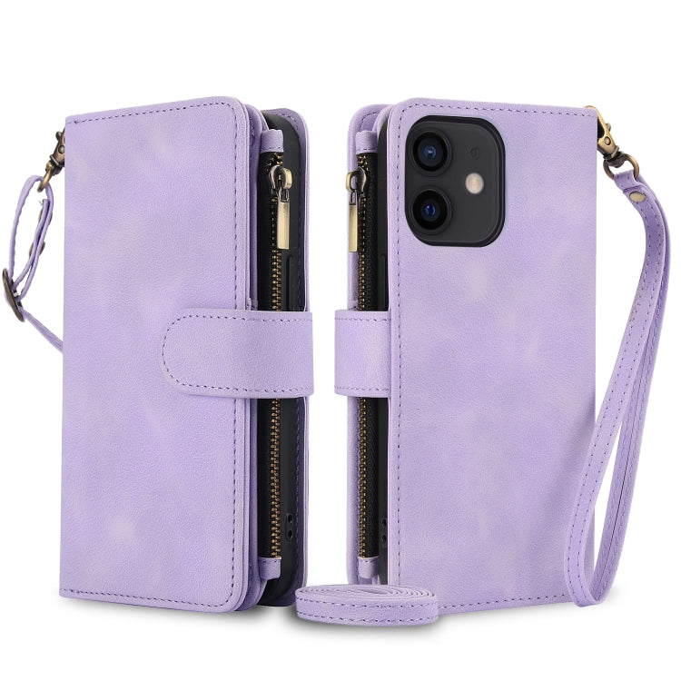 For iPhone 12 Dream 9-Card Zipper Wallet RFID Leather Phone Case with Lanyard(Purple) - iPhone 12 / 12 Pro Cases by buy2fix | Online Shopping UK | buy2fix