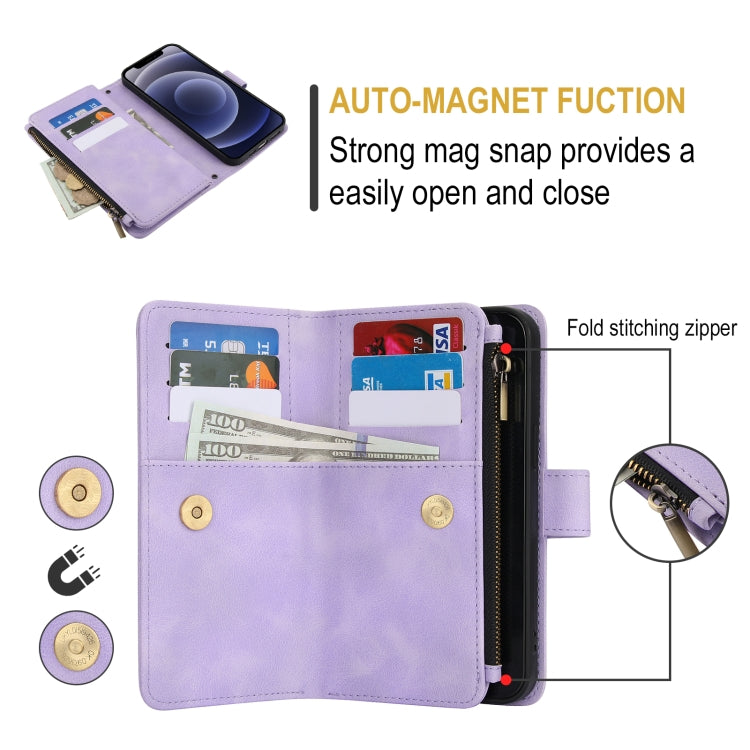For iPhone 12 Dream 9-Card Zipper Wallet RFID Leather Phone Case with Lanyard(Purple) - iPhone 12 / 12 Pro Cases by buy2fix | Online Shopping UK | buy2fix