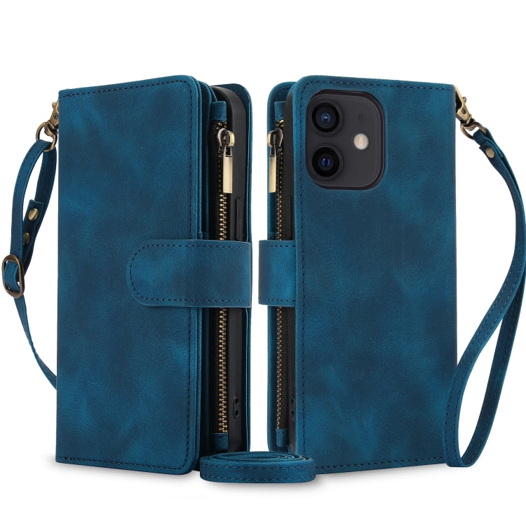 For iPhone 12 mini Dream 9-Card Zipper Wallet RFID Leather Phone Case with Lanyard(Blue) - iPhone 12 mini Cases by buy2fix | Online Shopping UK | buy2fix