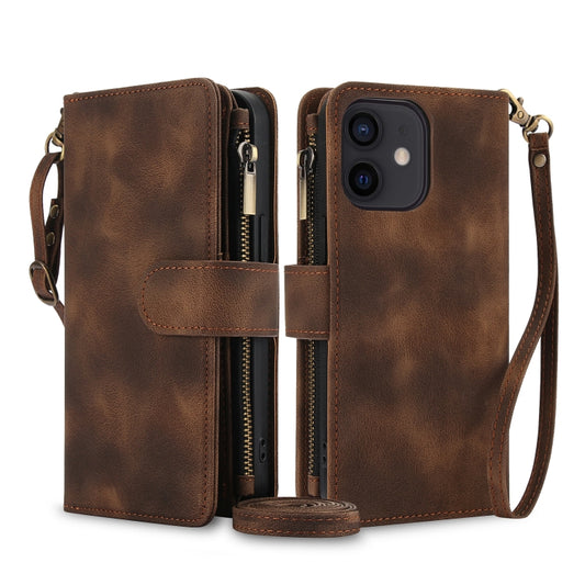 For iPhone 12 mini Dream 9-Card Zipper Wallet RFID Leather Phone Case with Lanyard(Brown) - iPhone 12 mini Cases by buy2fix | Online Shopping UK | buy2fix