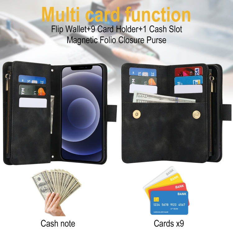 For iPhone 12 mini Dream 9-Card Zipper Wallet RFID Leather Phone Case with Lanyard(Black) - iPhone 12 mini Cases by buy2fix | Online Shopping UK | buy2fix