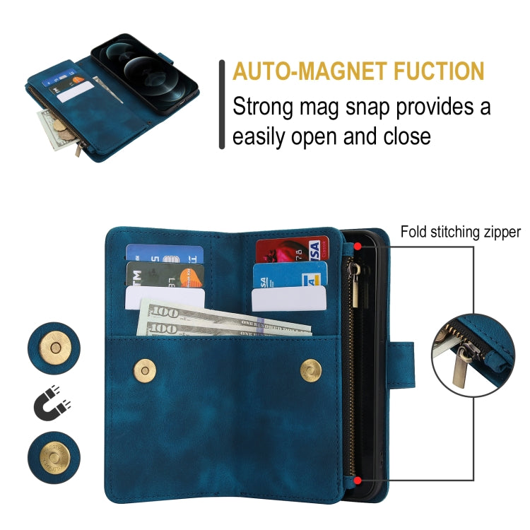 For iPhone 12 Pro Dream 9-Card Zipper Wallet RFID Leather Phone Case with Lanyard(Blue) - iPhone 12 / 12 Pro Cases by buy2fix | Online Shopping UK | buy2fix