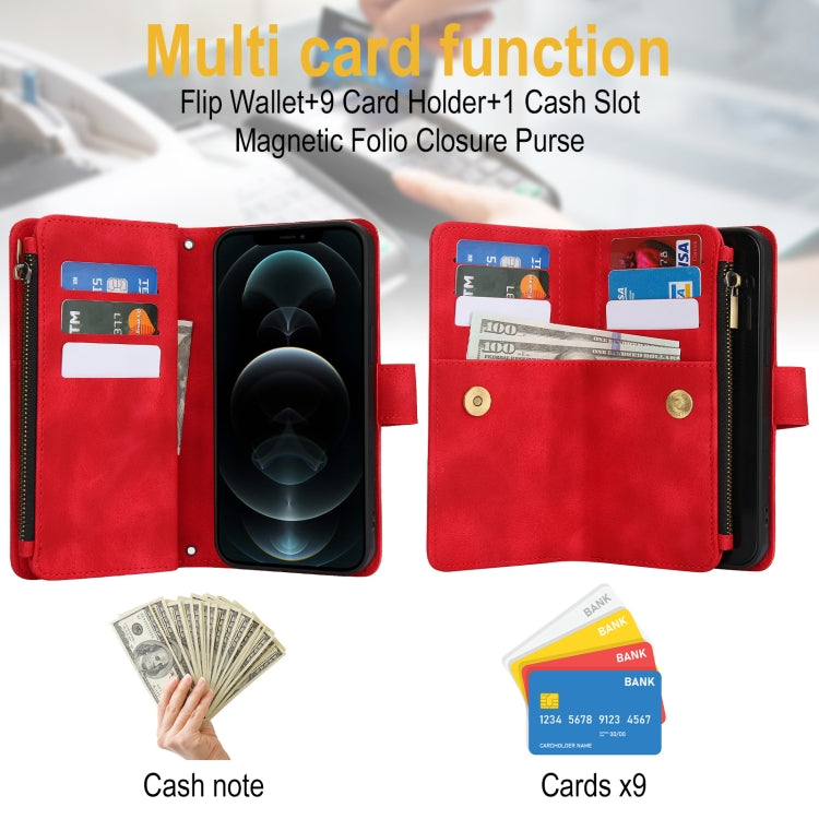 For iPhone 12 Pro Dream 9-Card Zipper Wallet RFID Leather Phone Case with Lanyard(Red) - iPhone 12 / 12 Pro Cases by buy2fix | Online Shopping UK | buy2fix