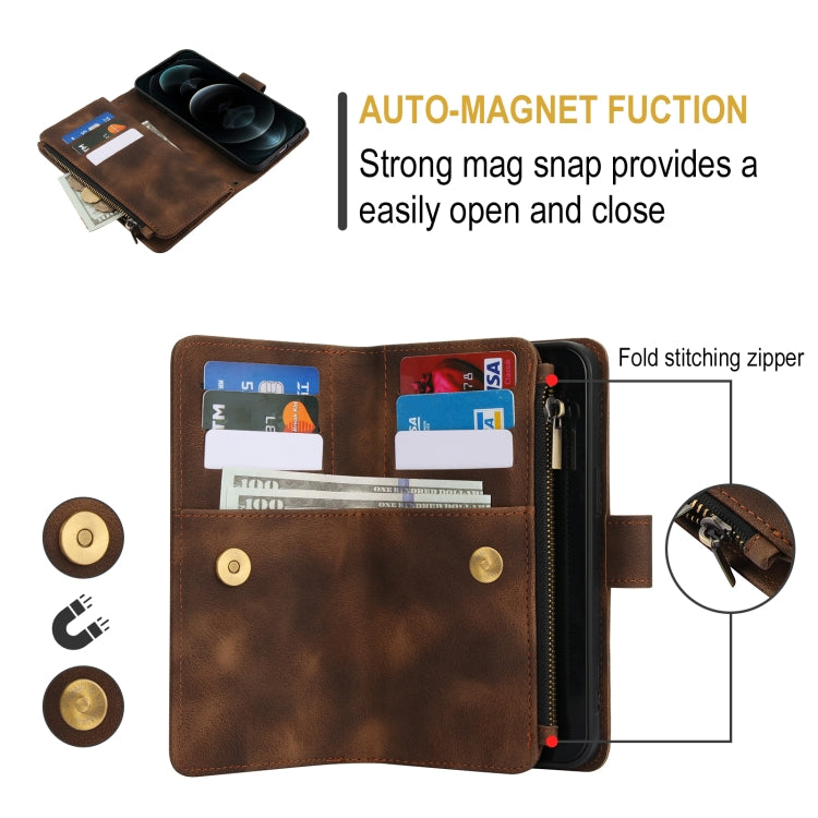 For iPhone 12 Pro Dream 9-Card Zipper Wallet RFID Leather Phone Case with Lanyard(Brown) - iPhone 12 / 12 Pro Cases by buy2fix | Online Shopping UK | buy2fix