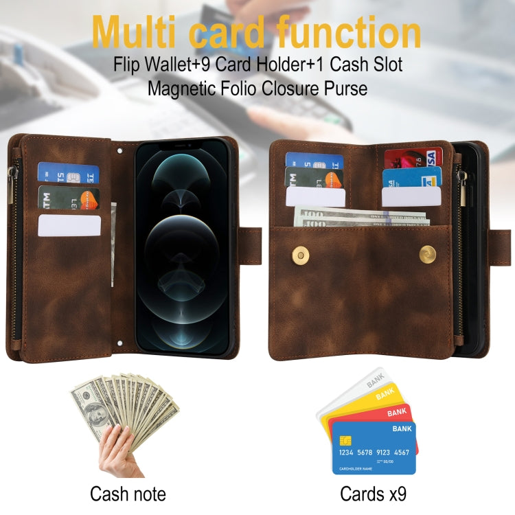 For iPhone 12 Pro Dream 9-Card Zipper Wallet RFID Leather Phone Case with Lanyard(Brown) - iPhone 12 / 12 Pro Cases by buy2fix | Online Shopping UK | buy2fix