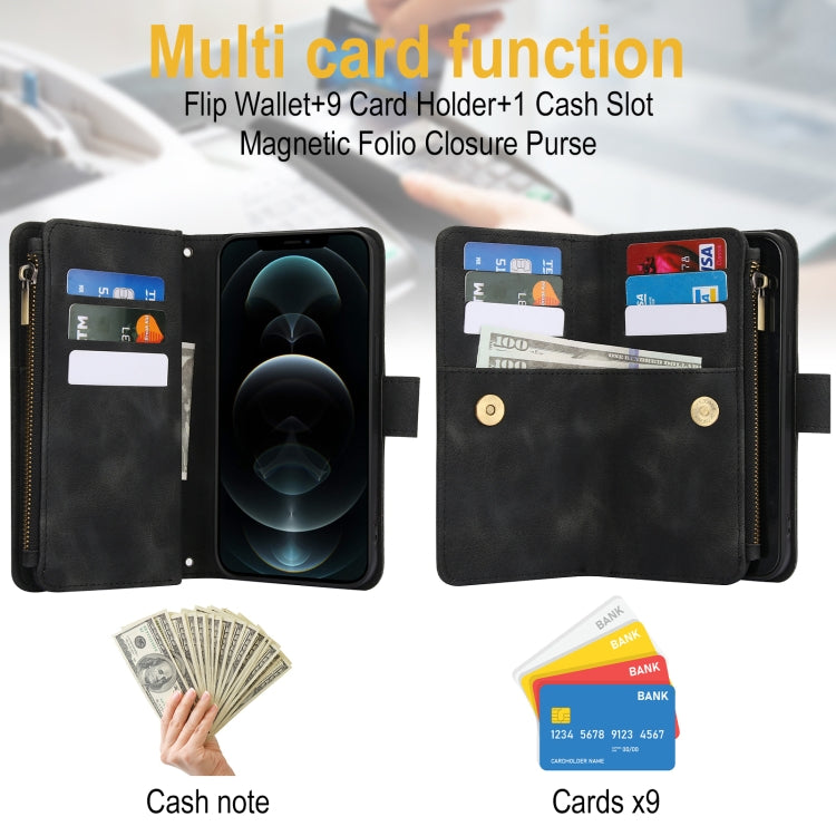 For iPhone 12 Pro Dream 9-Card Zipper Wallet RFID Leather Phone Case with Lanyard(Black) - iPhone 12 / 12 Pro Cases by buy2fix | Online Shopping UK | buy2fix