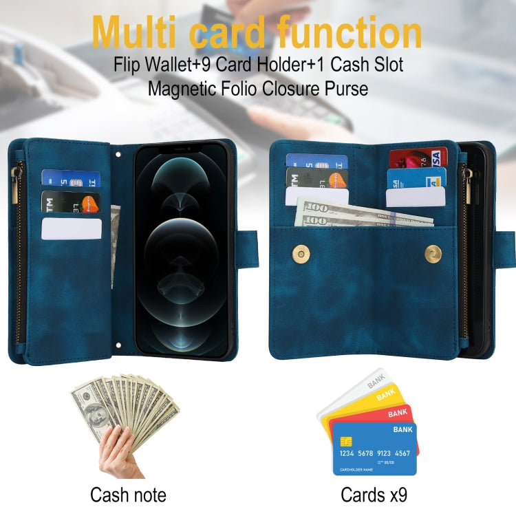 For iPhone 12 Pro Max Dream 9-Card Zipper Wallet RFID Leather Phone Case with Lanyard(Blue) - iPhone 12 Pro Max Cases by buy2fix | Online Shopping UK | buy2fix