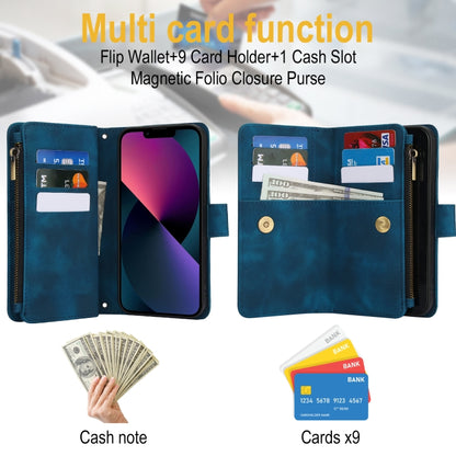 For iPhone 13 Dream 9-Card Zipper Wallet RFID Leather Phone Case with Lanyard(Blue) - iPhone 13 Cases by buy2fix | Online Shopping UK | buy2fix