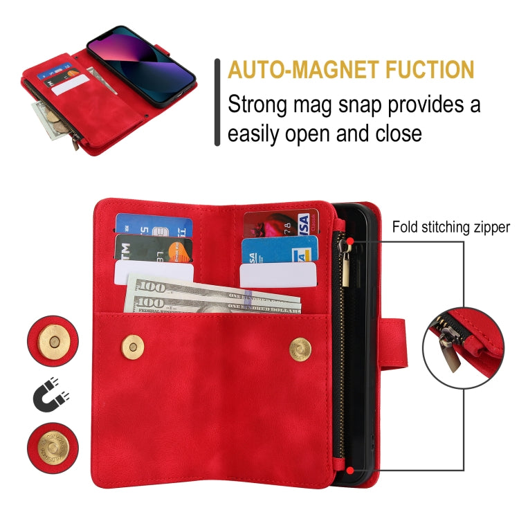 For iPhone 13 Dream 9-Card Zipper Wallet RFID Leather Phone Case with Lanyard(Red) - iPhone 13 Cases by buy2fix | Online Shopping UK | buy2fix