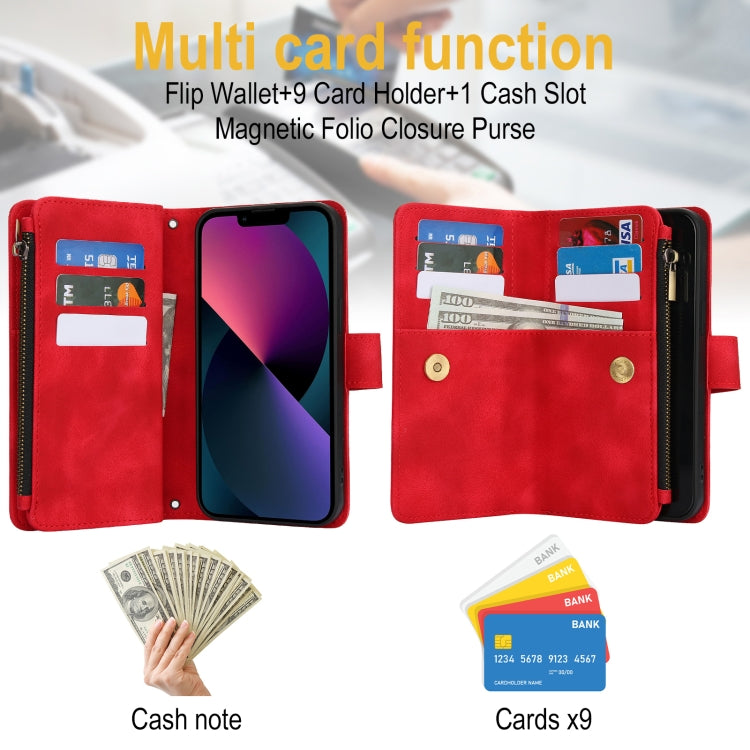 For iPhone 13 Dream 9-Card Zipper Wallet RFID Leather Phone Case with Lanyard(Red) - iPhone 13 Cases by buy2fix | Online Shopping UK | buy2fix