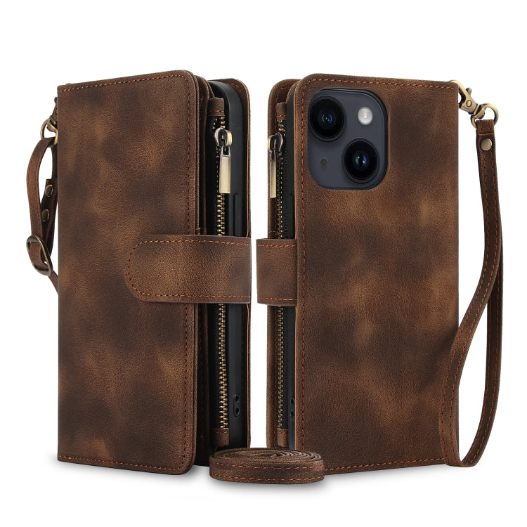 For iPhone 13 Dream 9-Card Zipper Wallet RFID Leather Phone Case with Lanyard(Brown) - iPhone 13 Cases by buy2fix | Online Shopping UK | buy2fix