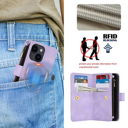 For iPhone 13 Dream 9-Card Zipper Wallet RFID Leather Phone Case with Lanyard(Purple) - iPhone 13 Cases by buy2fix | Online Shopping UK | buy2fix