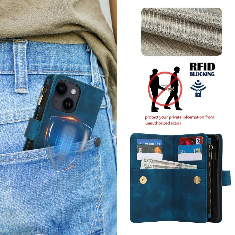 For iPhone 13 mini Dream 9-Card Zipper Wallet RFID Leather Phone Case with Lanyard(Blue) - iPhone 13 mini Cases by buy2fix | Online Shopping UK | buy2fix
