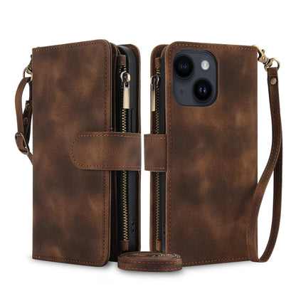 For iPhone 13 mini Dream 9-Card Zipper Wallet RFID Leather Phone Case with Lanyard(Brown) - iPhone 13 mini Cases by buy2fix | Online Shopping UK | buy2fix
