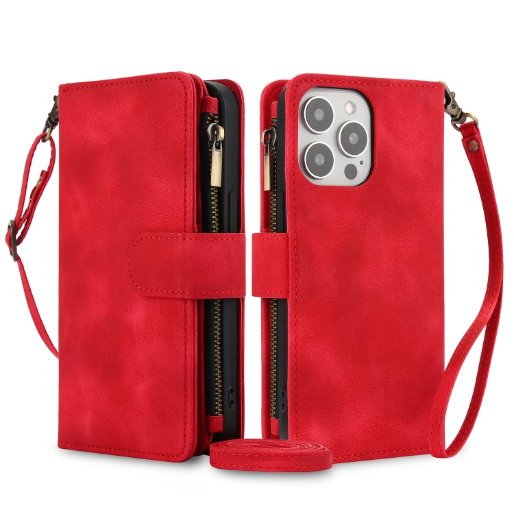 For iPhone 13 Pro Dream 9-Card Zipper Wallet RFID Leather Phone Case with Lanyard(Red) - iPhone 13 Pro Cases by buy2fix | Online Shopping UK | buy2fix