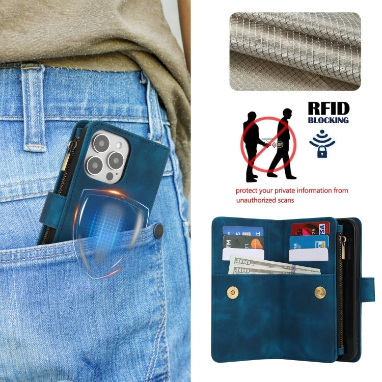 For iPhone 13 Pro Max Dream 9-Card Zipper Wallet RFID Leather Phone Case with Lanyard(Blue) - iPhone 13 Pro Max Cases by buy2fix | Online Shopping UK | buy2fix