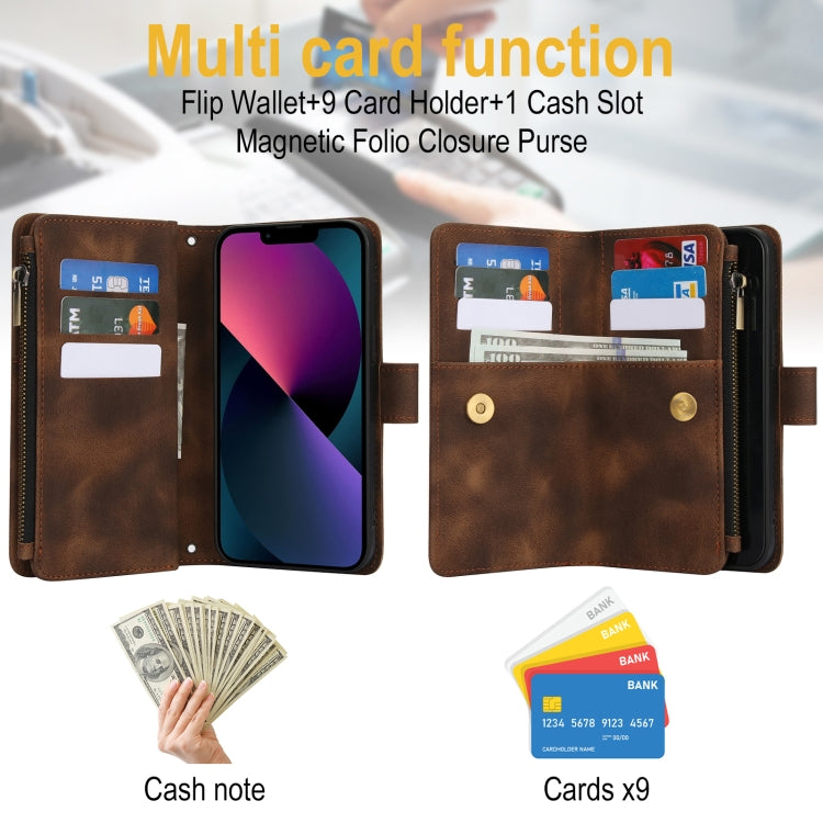For iPhone 14 Dream 9-Card Zipper Wallet RFID Leather Phone Case with Lanyard(Brown) - iPhone 14 Cases by buy2fix | Online Shopping UK | buy2fix